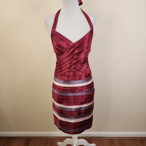 BCBG MAXAZRIA SATIN RUFFLE LAYERED HALTER DRESS SIZE 4 BURGUNDY GRAY BODYCON - Picture 1 of 13